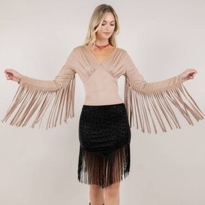 NWT Saints And Hearts TAN FRINGE SLEEVE SUEDE FABRIC TOP